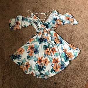 White Tropical Print Pointy Hem Skater Dress